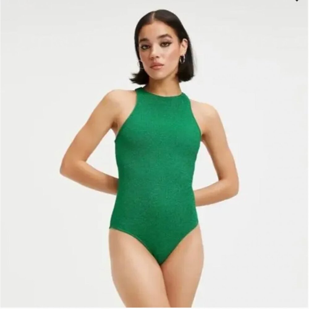 Good American Glitter One-Piece Swimsuit Green Halter Neck Size 7 4XL NWT